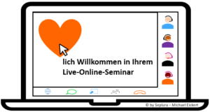 Die Grafik zeigt eine Live-Online-Seminar-Situation mit drei Teilnehmern - der Dozent gibt seinen Bildschirm frei: Ein Herz mit einer Willkommensnachricht ist zu sehen, auf dem Herz steht ein Mauszeiger