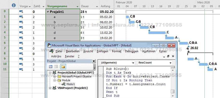 Das Bildschirmfoto wurde von Michael Eickert aufgenommen und zeigt ein Projekt in Microsoft Project in der Ansicht Gantt-Diagramm mit zusätzlicher Spalte Zahl1; gleichzeitig ist der Microsoft VBA Editor geöffnet: in einem Modul wird der Code zum Zählen von zugewiesenen Ressourcen angezeigt